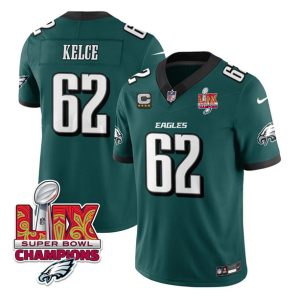 Men's Philadelphia Eagles #62 Jason Kelce Green 2025 Eagles Logo Super Bowl LIX Patch And 4-Star C Patch New F.U.S.E. Vapor Limited Stitched Football Jersey1 - Custom Name