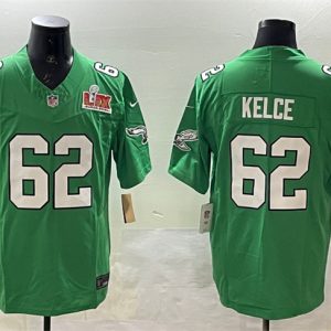 Men's Philadelphia Eagles #62 Jason Kelce Green 2025 Super Bowl LIX Patch F.U.S.E. Throwback Vapor Untouchable Limited Stitched Football Jersey - Custom Name