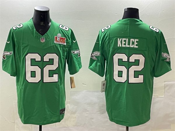 Men's Philadelphia Eagles #62 Jason Kelce Green 2025 Super Bowl LIX Patch F.U.S.E. Throwback Vapor Untouchable Limited Stitched Football Jersey - Custom Name