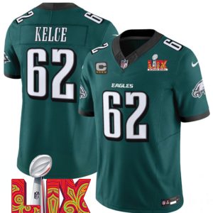 Men's Philadelphia Eagles #62 Jason Kelce Green F.U.S.E. 24 25 Super Bowl LIX With 4-Star C Patch Vapor Untouchable Limited Stitched Football Jersey - Custom Name