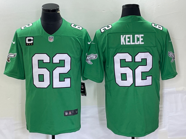 Men's Philadelphia Eagles #62 Jason Kelce Green Vapor Limited With C Patch Stitched Football Jersey - Custom Name