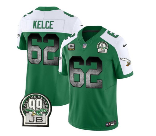 Men's Philadelphia Eagles #62 Jason Kelce Green White 2023 F.U.S.E. With 4-star C Patch Throwback Vapor Untouchable Limited Stitched Football Jersey - Custom Name