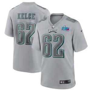 Men's Philadelphia Eagles #62 Jason Kelce Grey Super Bowl LVII Patch Atmosphere Fashion Stitched Game Jersey - Custom Name