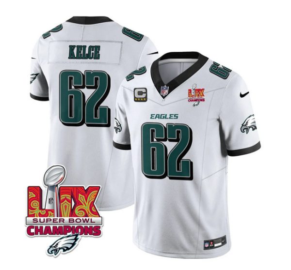 Men's Philadelphia Eagles #62 Jason Kelce White 2025 Eagles Logo Super Bowl LIX Patch And 4-Star C Patch New F.U.S.E. Vapor Limited Stitched Football Jersey - Custom Name