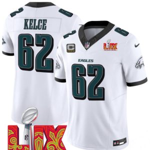Men's Philadelphia Eagles #62 Jason Kelce White F.U.S.E. 24 25 Super Bowl LIX With 4-Star C Patch Vapor Untouchable Limited Stitched Football Jersey - Custom Name