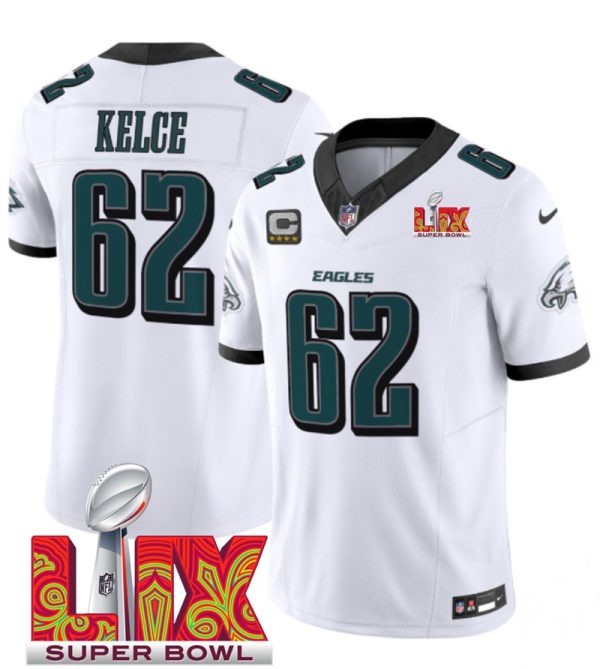 Men's Philadelphia Eagles #62 Jason Kelce White F.U.S.E. 24 25 Super Bowl LIX With 4-Star C Patch Vapor Untouchable Limited Stitched Football Jersey - Custom Name