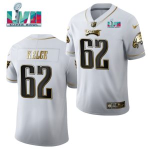 Men's Philadelphia Eagles #62 Jason Kelce White Golden Super Bowl LVII Patch Limited Stitched Jersey - Custom Name
