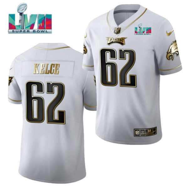 Men's Philadelphia Eagles #62 Jason Kelce White Golden Super Bowl LVII Patch Limited Stitched Jersey - Custom Name