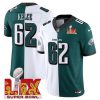 Men's Philadelphia Eagles #62 Jason Kelce White Green Split 2025 Super Bowl LIX Patch F.U.S.E. Vapor Untouchable Limited Stitched Football Jersey - Custom Name