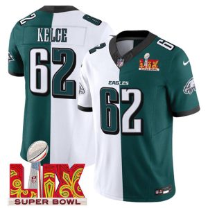 Men's Philadelphia Eagles #62 Jason Kelce White Green Split 2025 Super Bowl LIX Patch F.U.S.E. Vapor Untouchable Limited Stitched Football Jersey - Custom Name