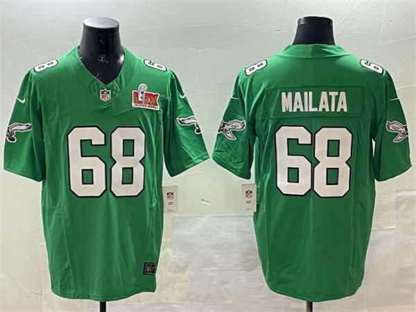 Men's Philadelphia Eagles #68 Jordan Mailata Green 2025 Super Bowl LIX Patch F.U.S.E. Throwback Vapor Untouchable Limited Stitched Football Jersey - Custom Name
