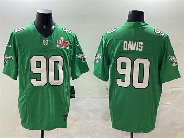 Men's Philadelphia Eagles #90 Jordan Davis Green 2025 Super Bowl LIX Patch F.U.S.E. Throwback Vapor Untouchable Limited Stitched Football Jersey - Custom Name