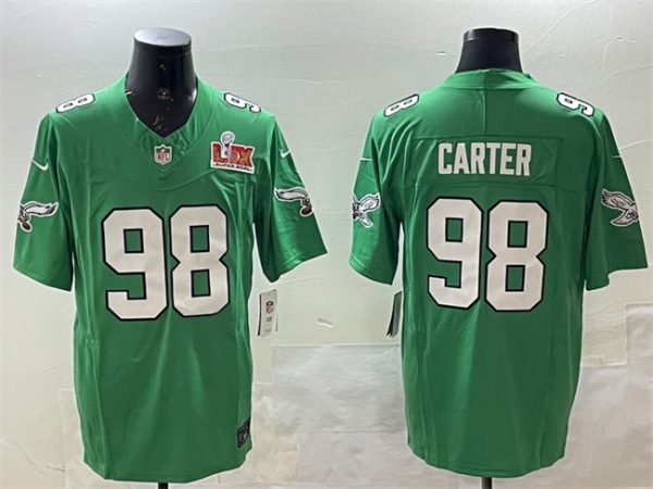 Men's Philadelphia Eagles #98 Jalen Carter Green 2025 Super Bowl LIX Patch F.U.S.E. Throwback Vapor Untouchable Limited Stitched Football Jersey - Custom Name