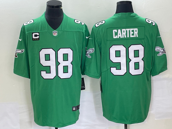Men's Philadelphia Eagles #98 Jalen Carter Green Vapor Limited With C Patch Stitched Football Jersey - Custom Name