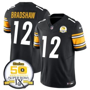 Men's Pittsburgh Steelers #12 Terry Bradshaw Black 2024 F.U.S.E. 50th Anniversary Of Super Bowl IX Alternate Vapor Untouchable Limited Stitched Jersey - Custom Name