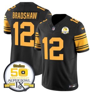 Men's Pittsburgh Steelers #12 Terry Bradshaw Black 2024 F.U.S.E. 50th Anniversary Of Super Bowl IX Color Rush Limited Stitched Jersey - Custom Name