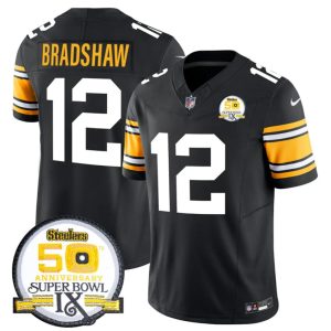Men's Pittsburgh Steelers #12 Terry Bradshaw Black 2024 F.U.S.E. 50th Anniversary Of Super Bowl IX Vapor Untouchable Limited Stitched Jersey - Custom Name