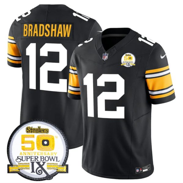 Men's Pittsburgh Steelers #12 Terry Bradshaw Black 2024 F.U.S.E. 50th Anniversary Of Super Bowl IX Vapor Untouchable Limited Stitched Jersey - Custom Name