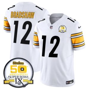 Men's Pittsburgh Steelers #12 Terry Bradshaw White 2024 F.U.S.E. 50th Anniversary Of Super Bowl IX Alternate Vapor Untouchable Limited Stitched Jersey - Custom Name