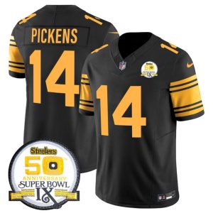 Men's Pittsburgh Steelers #14 George Pickens Black 2024 F.U.S.E. 50th Anniversary Of Super Bowl IX Color Rush Limited Stitched Jersey - Custom Name