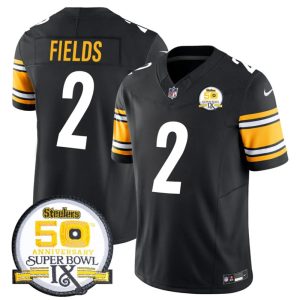 Men's Pittsburgh Steelers #2 Justin Fields Black 2024 F.U.S.E. 50th Anniversary Of Super Bowl IX Alternate Vapor Untouchable Limited Stitched Jersey - Custom Name