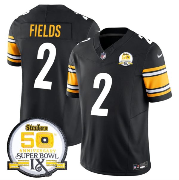 Men's Pittsburgh Steelers #2 Justin Fields Black 2024 F.U.S.E. 50th Anniversary Of Super Bowl IX Alternate Vapor Untouchable Limited Stitched Jersey - Custom Name