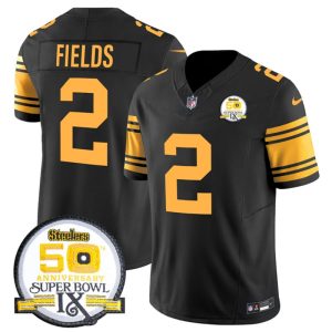 Men's Pittsburgh Steelers #2 Justin Fields Black 2024 F.U.S.E. 50th Anniversary Of Super Bowl IX Color Rush Limited Stitched Jersey - Custom Name