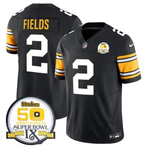Men's Pittsburgh Steelers #2 Justin Fields Black 2024 F.U.S.E. 50th Anniversary Of Super Bowl IX Vapor Untouchable Limited Stitched Jersey - Custom Name