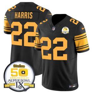 Men's Pittsburgh Steelers #22 Najee Harris Black 2024 F.U.S.E. 50th Anniversary Of Super Bowl IX Color Rush Limited Stitched Jersey - Custom Name