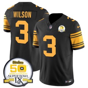 Men's Pittsburgh Steelers #3 Russell Wilson Black 2024 F.U.S.E. 50th Anniversary Of Super Bowl IX Color Rush Limited Stitched Jersey - Custom Name
