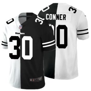 Men's Pittsburgh Steelers #30 James Conner Black &White NFL Split Limited Stitched Jersey - Custom Name