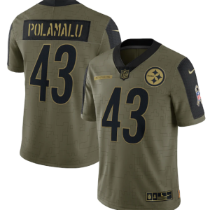 Men's Pittsburgh Steelers #43 Troy Polamalu 2021 Olive Salute To Service Limited Stitched Jersey - Custom Name