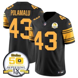 Men's Pittsburgh Steelers #43 Troy Polamalu Black 2024 F.U.S.E. 50th Anniversary Of Super Bowl IX Color Rush Limited Stitched Jersey - Custom Name