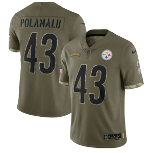 Men's Pittsburgh Steelers #43 Troy Polamalu Olive 2022 Salute To Service Limited Stitched Jersey - Custom Name