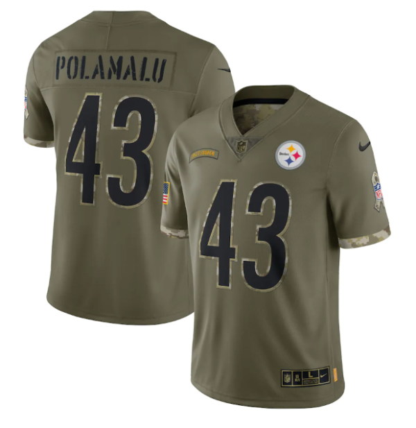 Men's Pittsburgh Steelers #43 Troy Polamalu Olive 2022 Salute To Service Limited Stitched Jersey - Custom Name