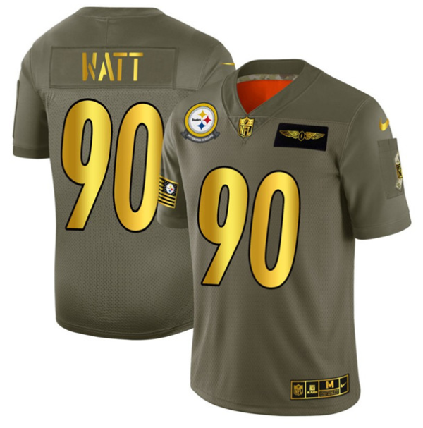 Men's Pittsburgh Steelers #90 T. J. Watt 2019 Olive Gold Salute To Service Limited Stitched Jersey - Custom Name