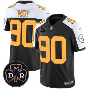 Men's Pittsburgh Steelers #90 T. J. Watt Black F.U.S.E. DMR Patch Untouchable Limited Stitched Football Jersey - Custom Name