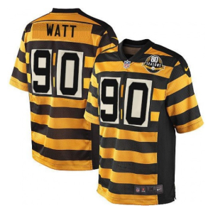 Men's Pittsburgh Steelers #90 T. J. Watt Yellow Black Alternate 80TH Anniversary Throwback Stitched Jersey - Custom Name