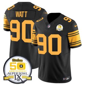 Men's Pittsburgh Steelers #90 T.J. Watt Black 2024 F.U.S.E. 50th Anniversary Of Super Bowl IX Color Rush Limited Stitched Jersey - Custom Name