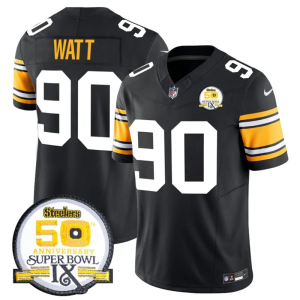 Men's Pittsburgh Steelers #90 T.J. Watt Black 2024 F.U.S.E. 50th Anniversary Of Super Bowl IX Vapor Untouchable Limited Stitched Jersey - Custom Name