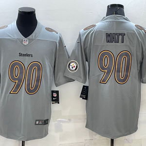 Men's Pittsburgh Steelers #90 T.J. Watt Grey With Patch Atmosphere Fashion Stitched Jersey - Custom Name