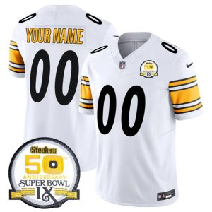 Men's Pittsburgh Steelers Active Player Custom White 2024 F.U.S.E. 50th Anniversary Of Super Bowl IX Alternate Vapor Untouchable Limited Stitched Jersey - Custom Name
