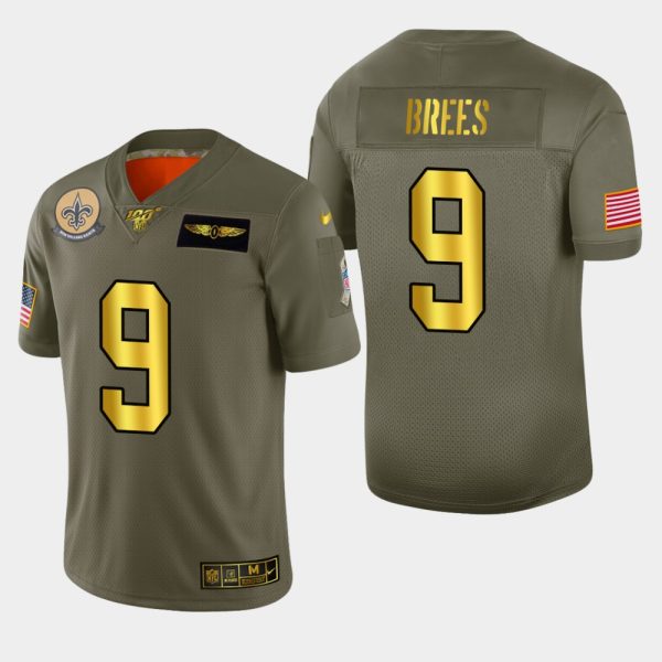 New Orleans Saints #9 Drew Brees Men's Nike Olive Gold 2019 Salute to Service Limited NFL 100 Jersey - Custom Name