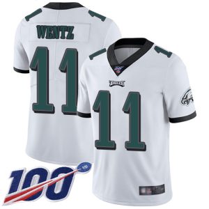 Nike Eagles #11 Carson Wentz White Men's Stitched NFL 100th Season Vapor Limited Jersey - Custom Name