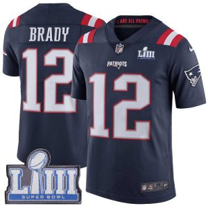 Nike Patriots #12 Tom Brady Navy Blue Super Bowl LIII Bound Men's Stitched NFL Limited Rush Jersey - Custom Name
