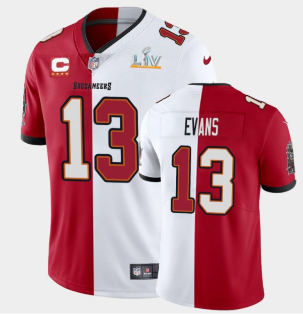 Men's #13 Mike Evans Tampa Bay Buccaneers Red White Super Bowl LV Split Vapor Limited Jersey - Custom Name