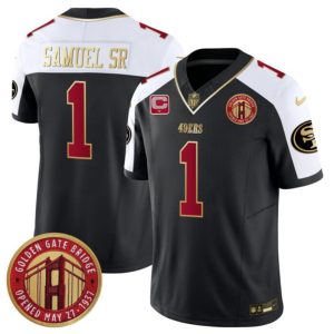 Men's San Francisco 49ers #1 Deebo Samuel Sr. Balck-White F.U.S.E. With 1-Star C Patch Golden Gate Bridge Patch Alternate Vapor Limited Stitched Football Jersey - Custom Name