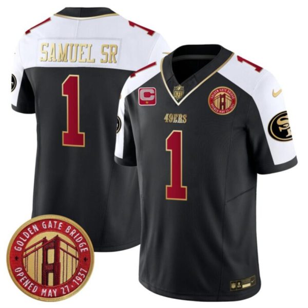 Men's San Francisco 49ers #1 Deebo Samuel Sr. Balck-White F.U.S.E. With 1-Star C Patch Golden Gate Bridge Patch Alternate Vapor Limited Stitched Football Jersey - Custom Name