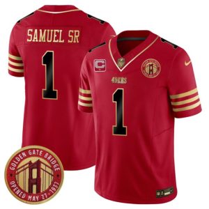 Men's San Francisco 49ers #1 Deebo Samuel Sr. Red F.U.S.E. With 1-Star C Patch And Golden Gate Bridge Patch Balck Scarlet Vapor Limited Stitched Football Jersey - Custom Name