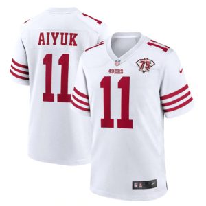 Men's San Francisco 49ers #11 Brandon Aiyuk 2022 New White With 75th anniverseray patch Stitched Game Jersey - Custom Name